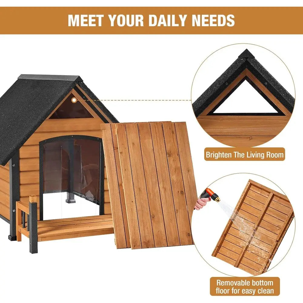Dog House with Anti-Bite Metal Iron e Outdoor Wooden Dog Kennel Indoor Puppy Shelter or Small Medium Large Dogs Weatherproo(Brow
