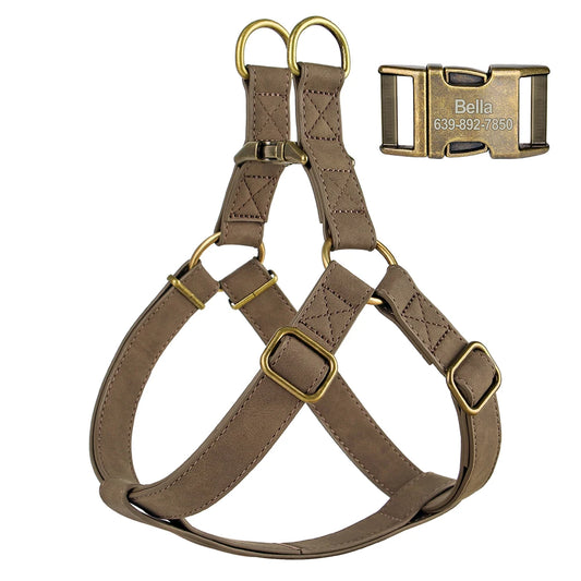 Custom PU Leather Harness And Leash Engraved Dog ID Buckle Harnesses Vest Pet Leading Rope Durable For Small Medium Dogs Bulldog