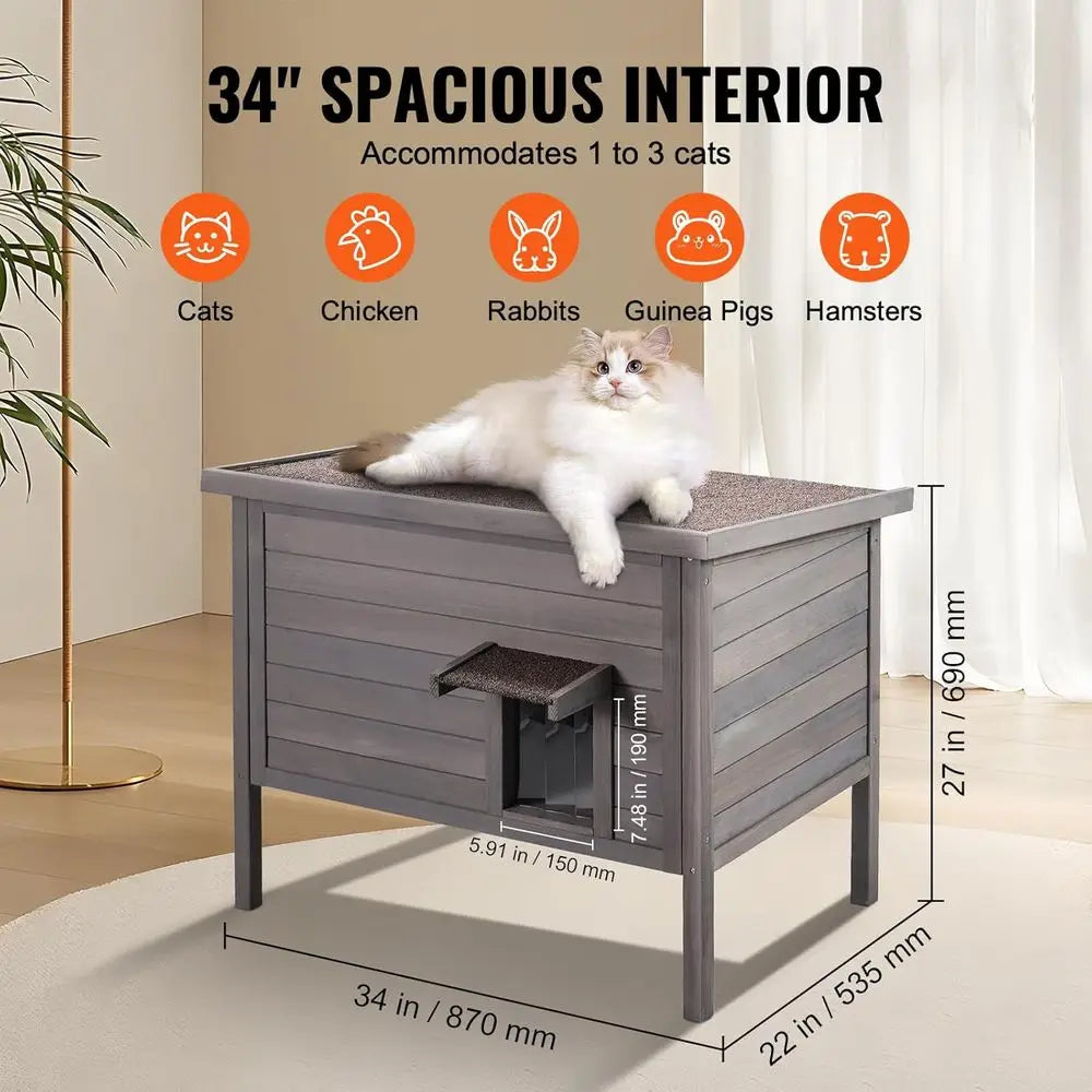 All-Weather Insulated Outdoor Wooden Cat House for Multiple Pets, Open Roof, PVC Door Flaps, 34L x 22W x 27H