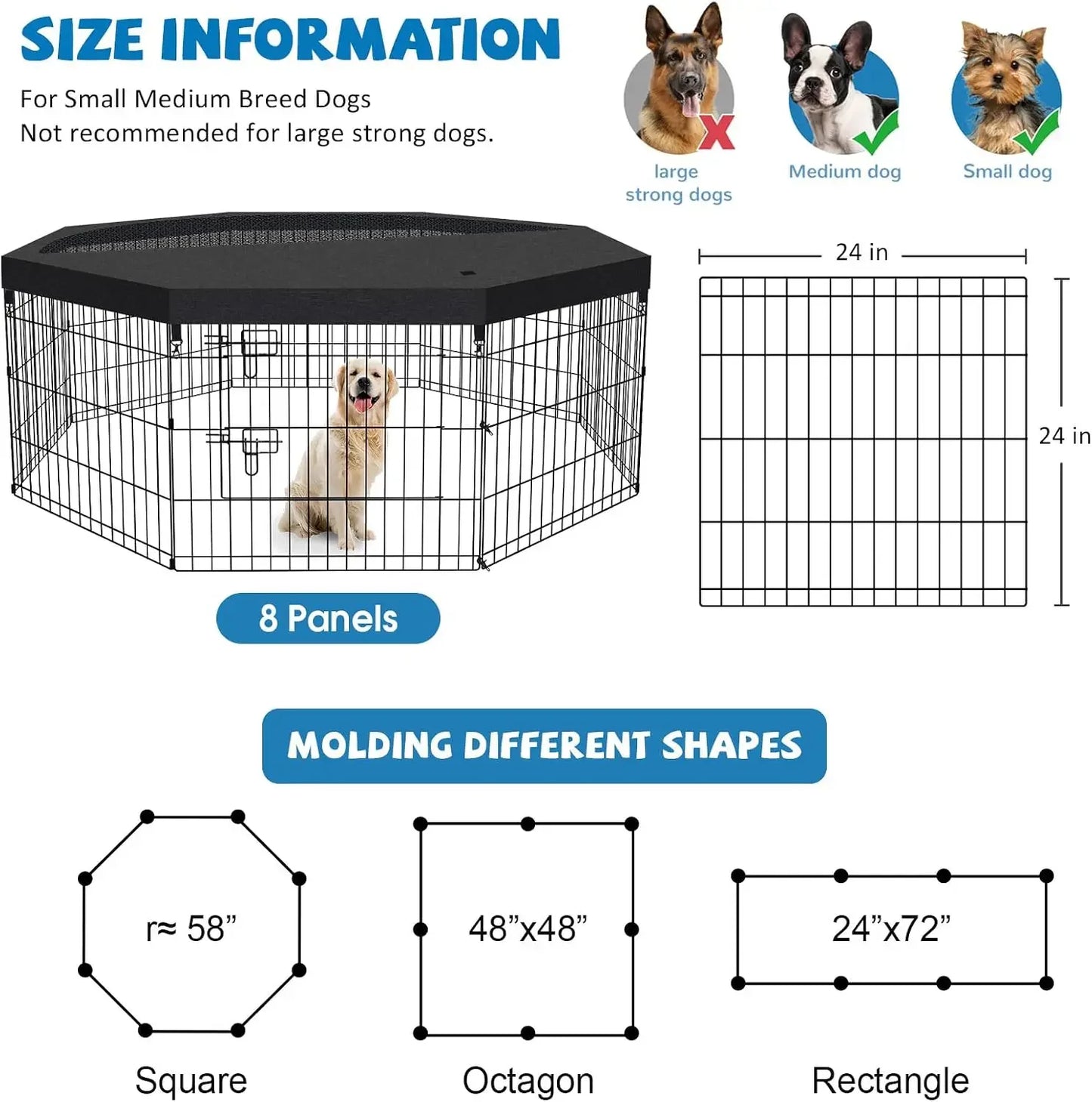 Foldable Dog Playpen 8 Panels 24" Indoor Outdoor Metal Wire Pet Enclosure with Bottom Pad & Top Cover