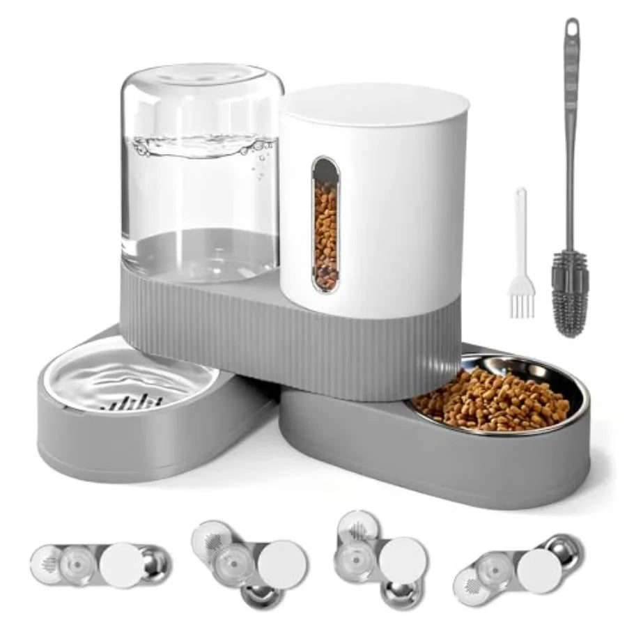 Automatic Gravity Cat Dog Feeder and Water Dispenser with 304 Stainless Steel Bowls 2 in 1 360 Degree Rotatable Auto 2.4L Dry F