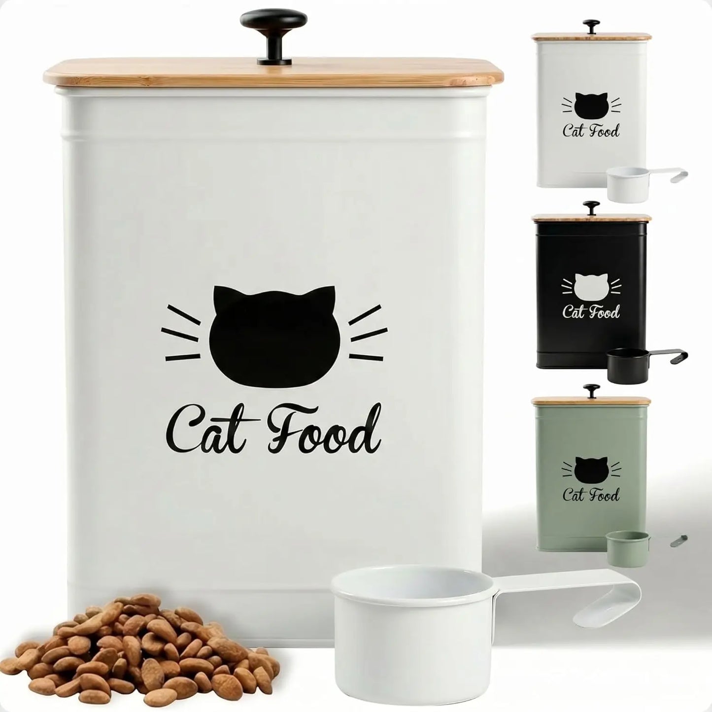 Cat Food Storage Container with Scoop - 5-7 lb (25 Cup) Capacity Metal Cat Food Container with Airtight Bamboo Lid and Metal Sco