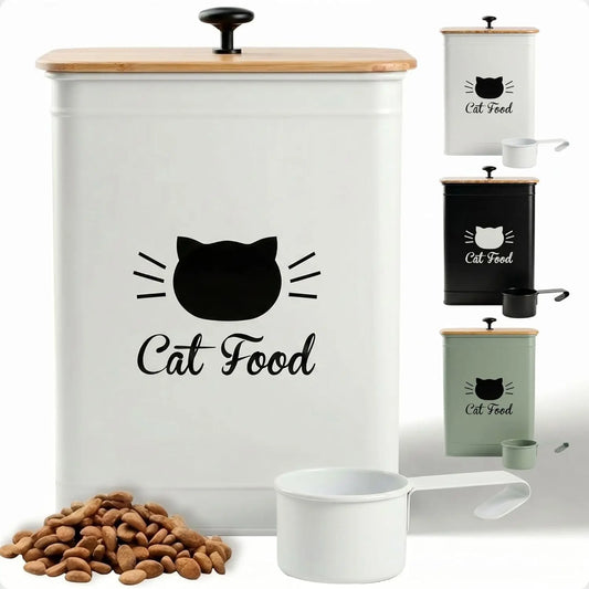 Cat Food Storage Container with Scoop - 5-7 lb (25 Cup) Capacity Metal Cat Food Container with Airtight Bamboo Lid and Metal Sco
