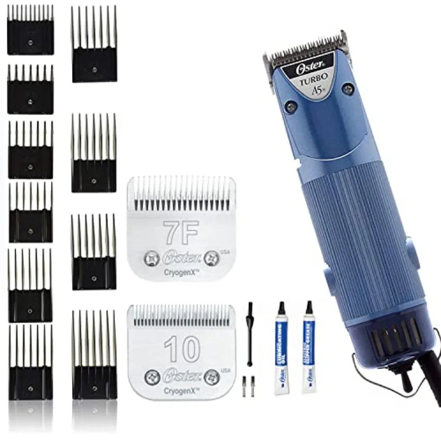 Oster A5 Dual Speed Grooming Clipper with Detachable Cryogen-X Blades 10 and 7F 7 Piece Universal Combs Guides Set
