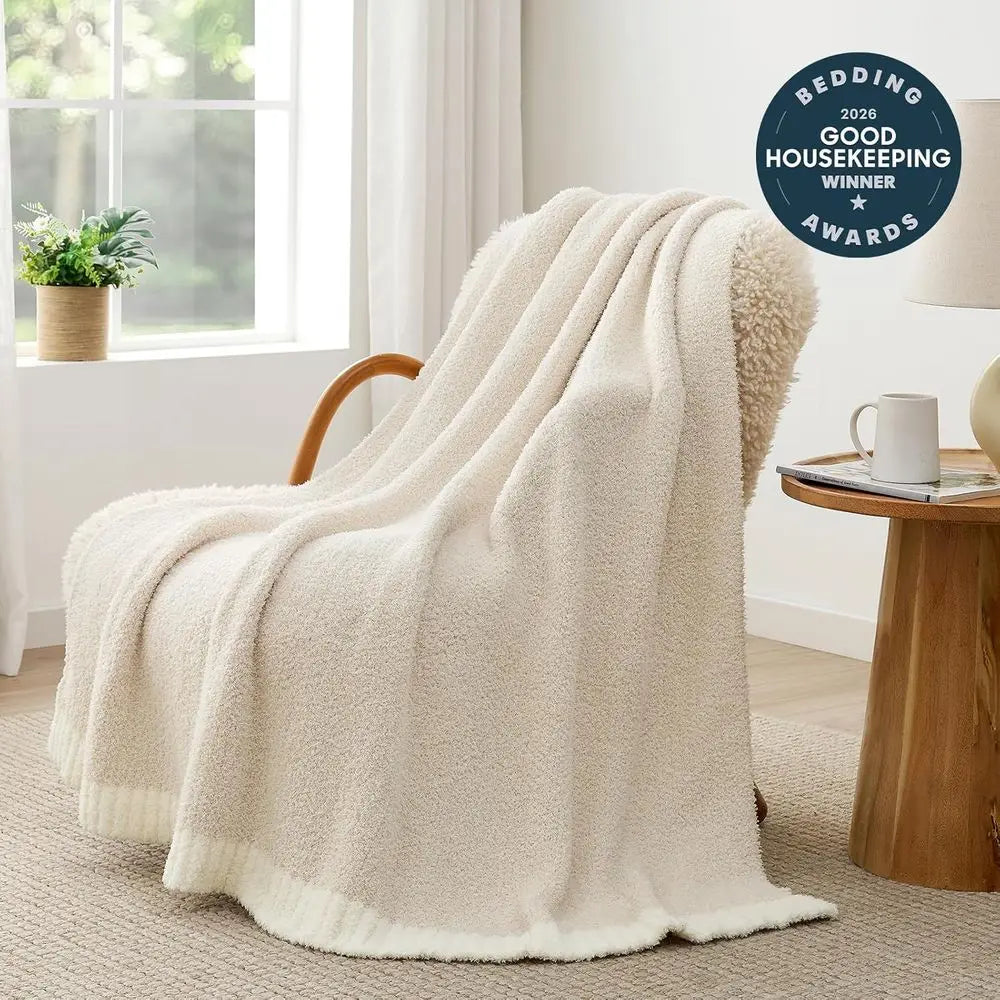 Reversible Super Soft Knitted Blankets, Warm Cozy Knit Plush Lightweight Throws, Bed, Picnic, Ivory, 50 x 60 inches