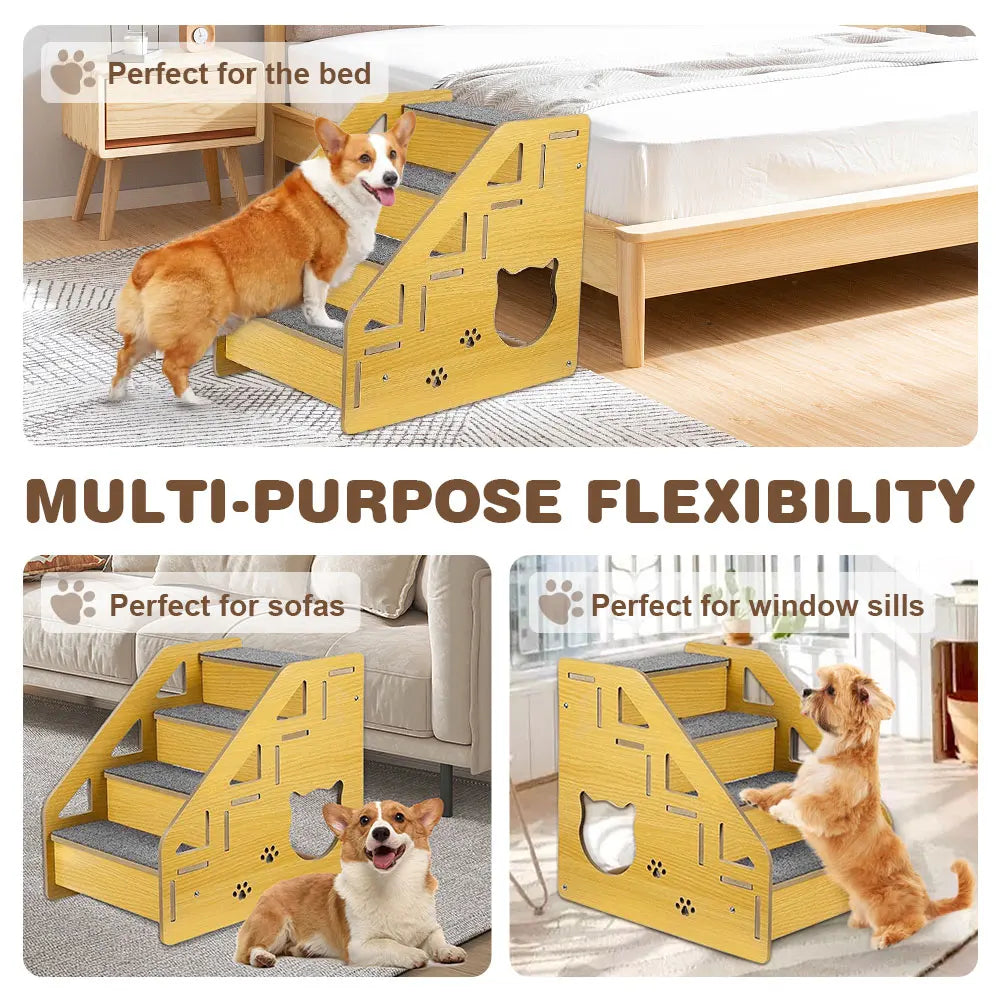4-Step Wooden Pet Stairs Nonslip Carpeted Cat and Dog Steps Sofa Ladder Pet Furniture for Dogs and Cats for Bed