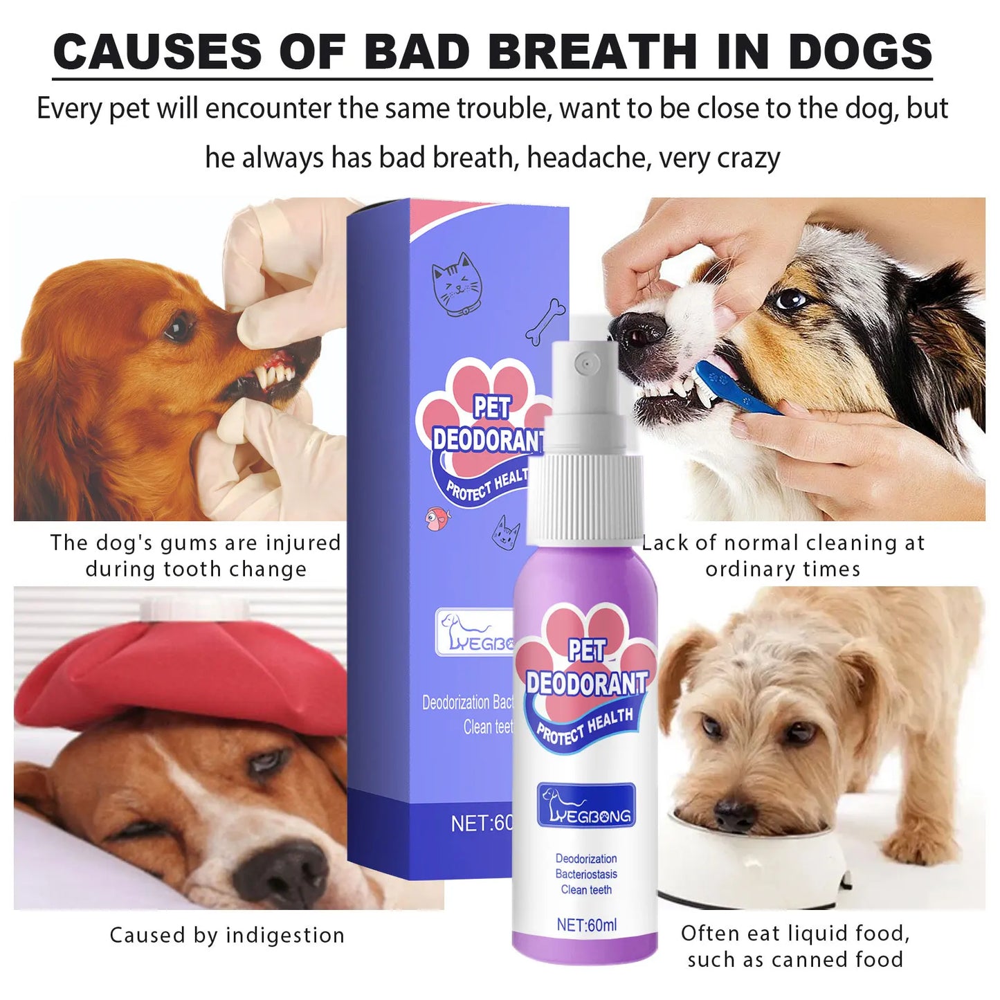 60ml Cat Dog Breath Cleaner Swallowable Pet Cat Oral Odor Removers Oral Health Care Pet Dog Mouth Cleaning Spray Pet Supplies
