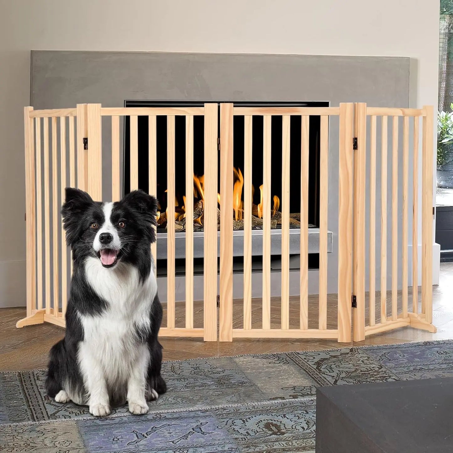 Wooden Freestanding Dog Gate 4 Panel 91cm Tall Collapsible Indoor Pet Fence Solid Pine Wood Step Over Safety Gate for Doorways
