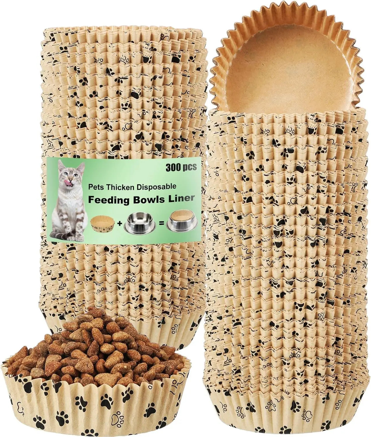 300 Pcs Pet Disposable Feeding Bowls Liner Bulk Cat Food Bowls Small Paper Liner for Small Dogs Cats Dish Wet Food Feeding Stati