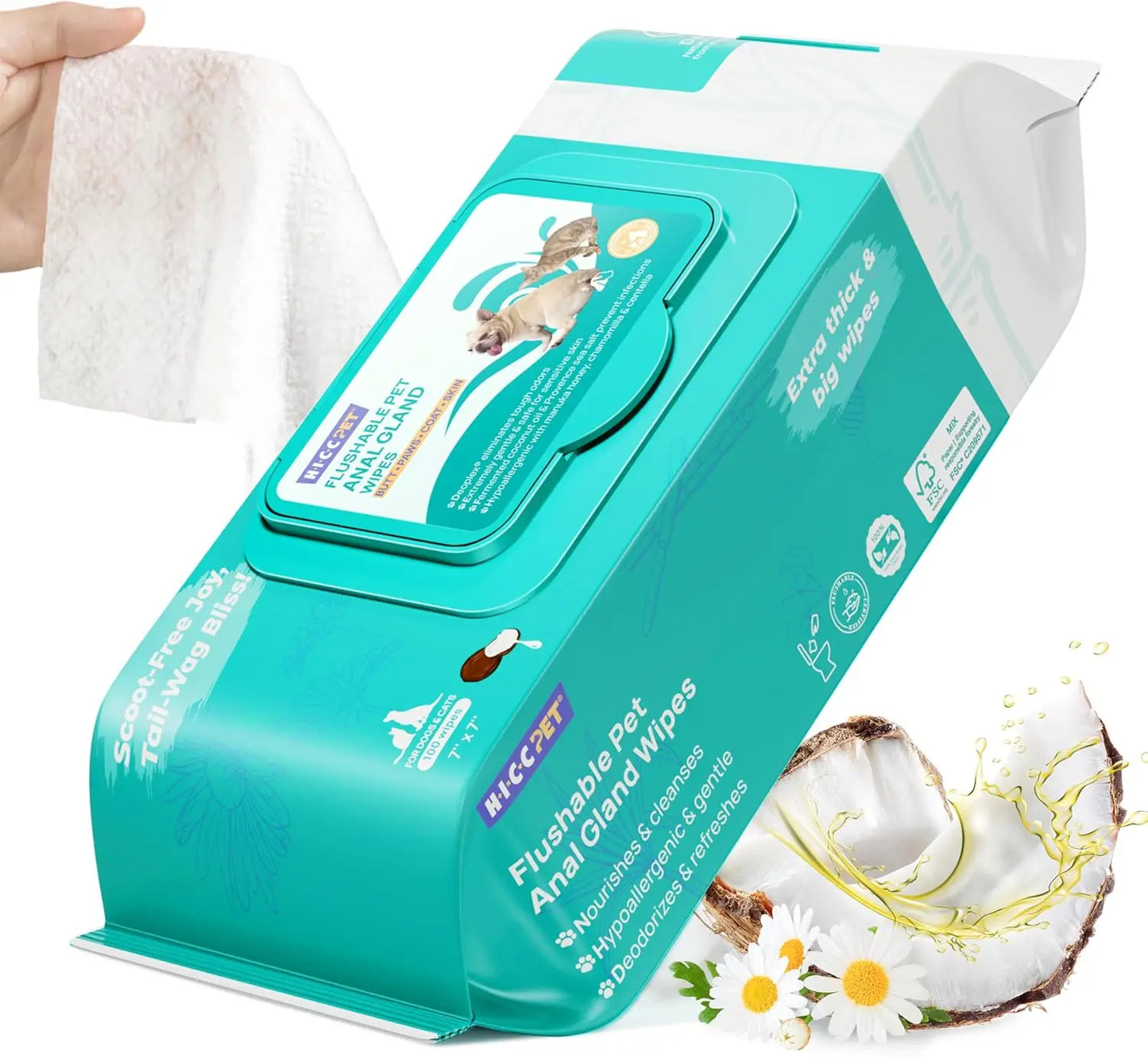 Pet Wipes for Dogs & Cats, Vet Recommended, Hypoallergenic Cleaning Wipes for Paw, Butt, Body, Soothing Allergy & Anal Gland Care, Deodorizing & Nourishing Fur Grooming