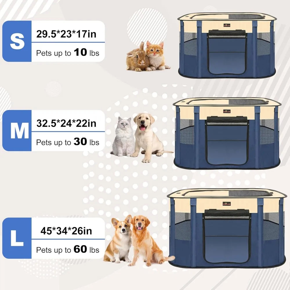 Foldable Dog Playpen Portable Pet Cage for Animals, Indoor / Outdoor Travel Camping Use with Carrying Case Blue