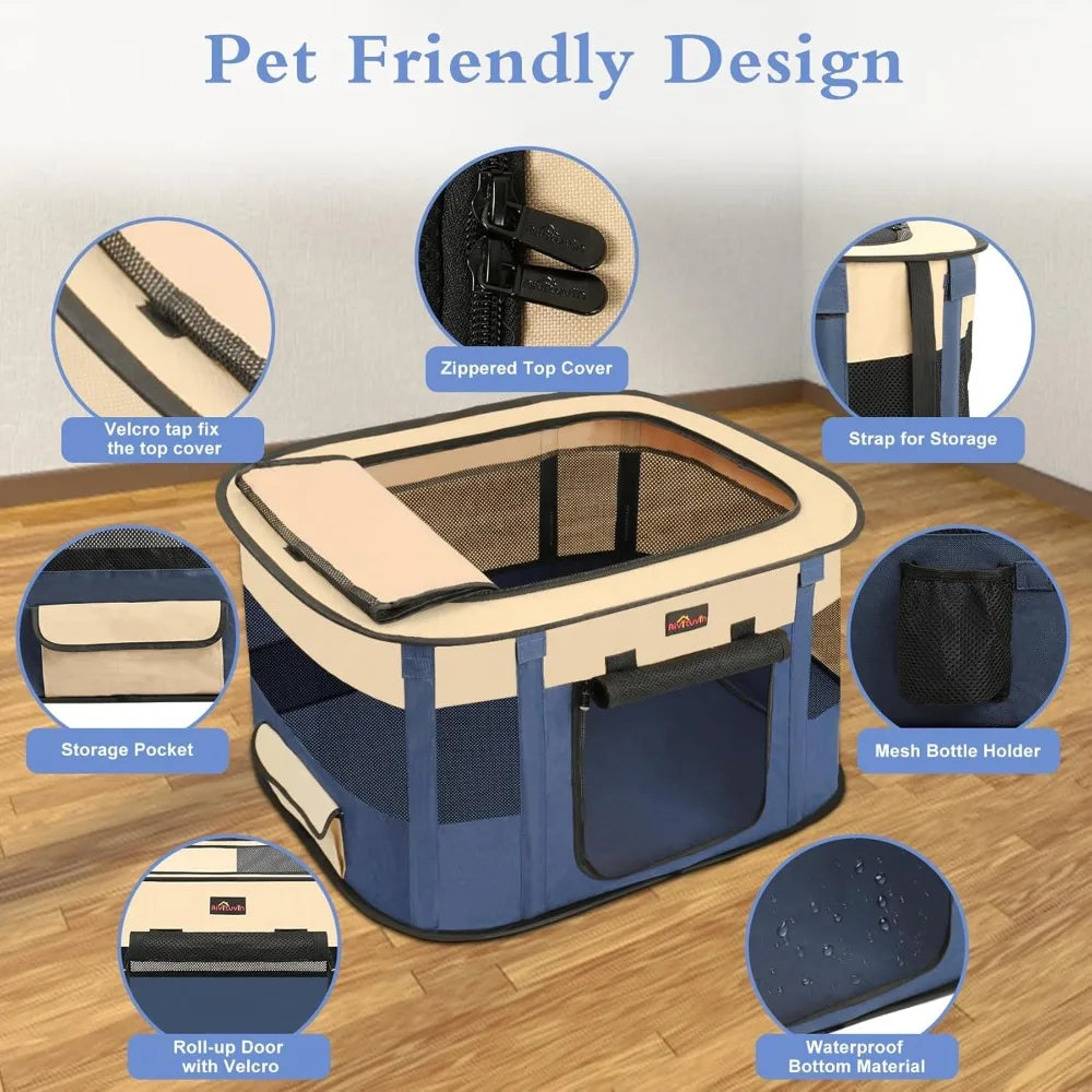 Foldable Dog Playpen Portable Pet Cage for Animals, Indoor / Outdoor Travel Camping Use with Carrying Case Blue