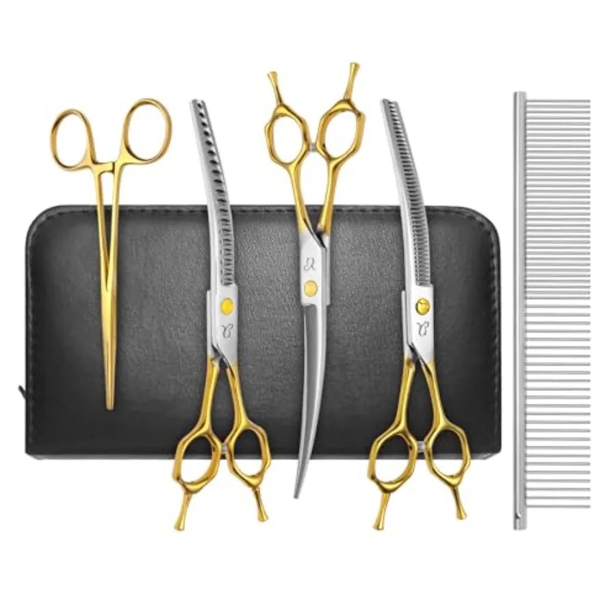 Dog Grooming Scissors Professional 4 in 1 Dog Shears Set Chunker Scissers Curved Scissors Thinning Shears and Comb for Cat Pet
