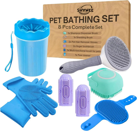 8PCs Dog Grooming Kit with Shampoo Brush, Washing Gloves, Adjustable Bath Brush, Paw Cleaner, Toothbrushes for Pet Care