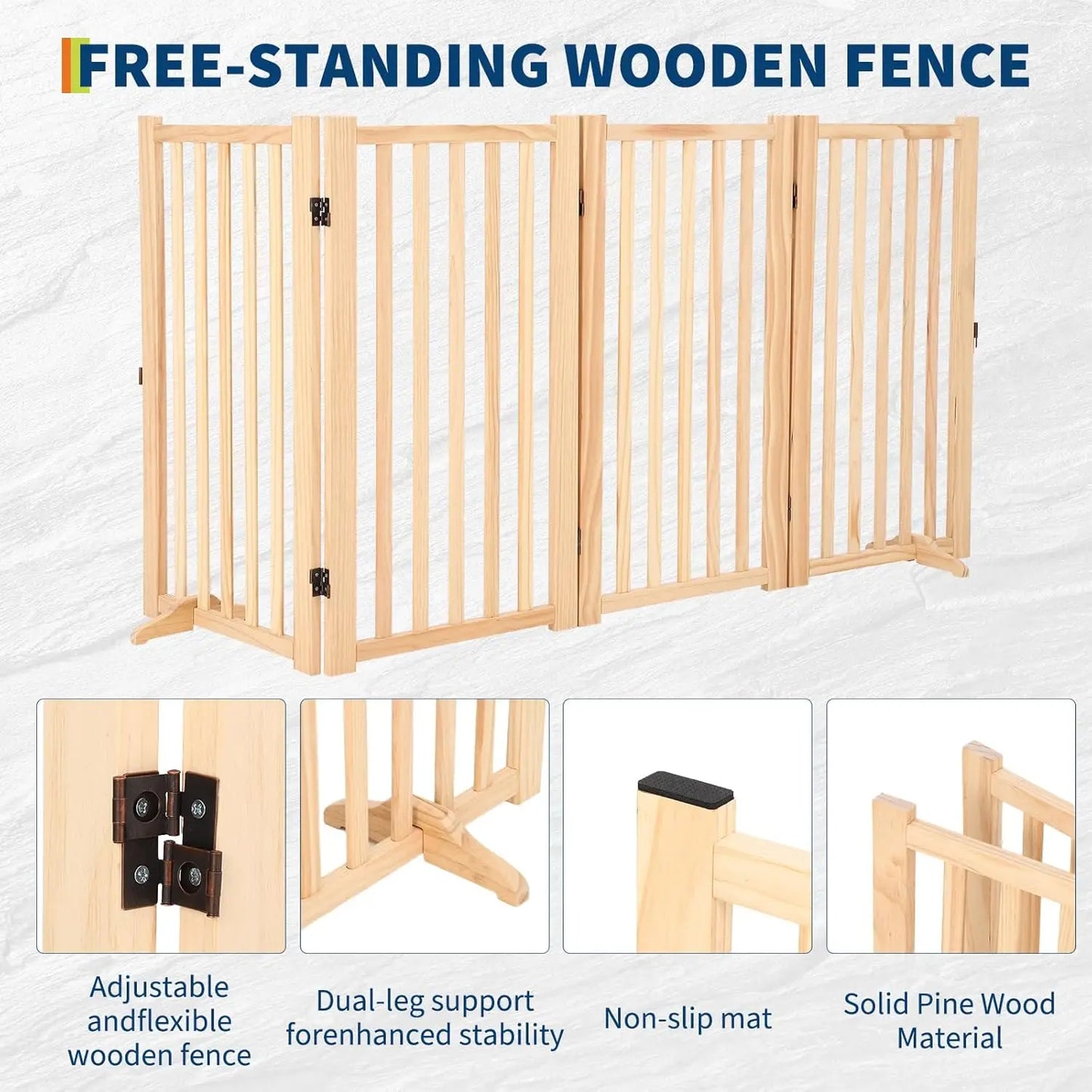 Wooden Freestanding Dog Gate 4 Panel 91cm Tall Collapsible Indoor Pet Fence Solid Pine Wood Step Over Safety Gate for Doorways