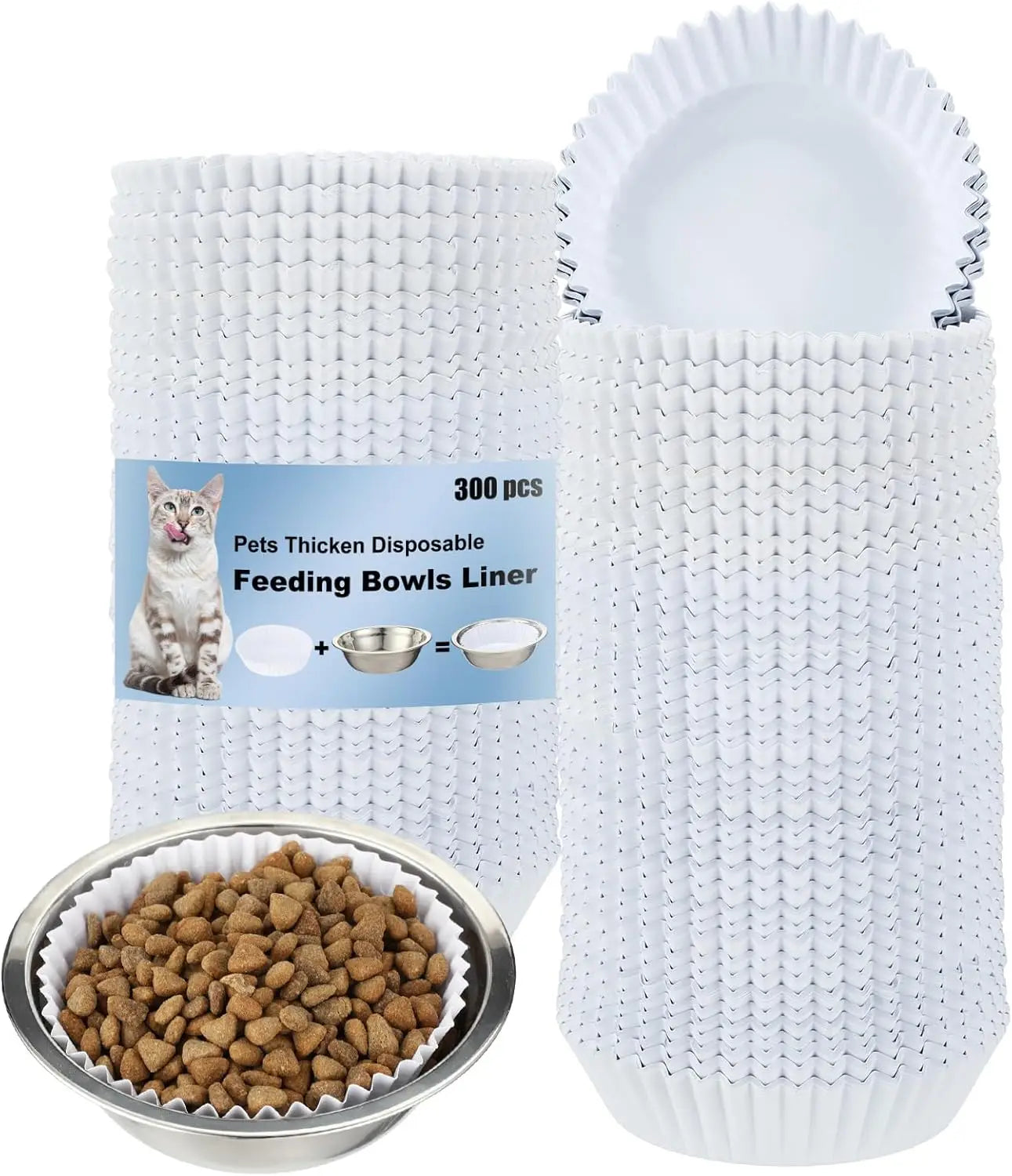 300 Pcs Pet Disposable Feeding Bowls Liner Bulk Cat Food Bowls Small Paper Liner for Small Dogs Cats Dish Wet Food Feeding Stati