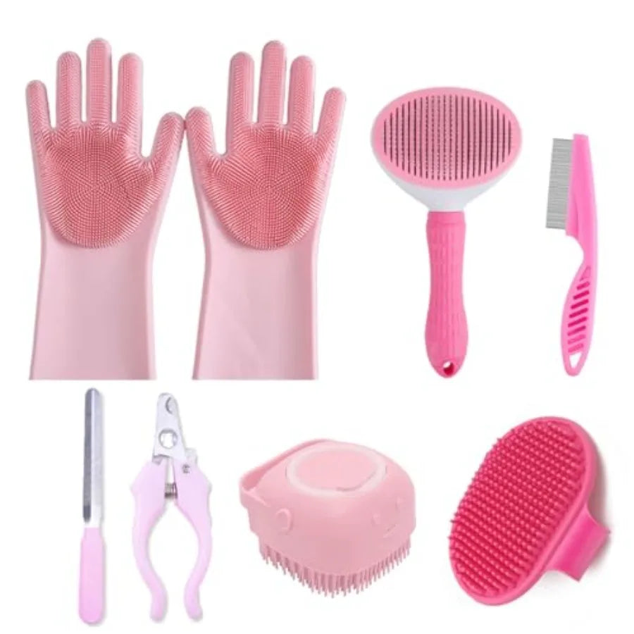 8PCS Dog Bath Supplies Set Dog Washing Gloves Shampoo Brush, Shedding Slicker Brush Complete Pet Grooming Kit for DogandCat and