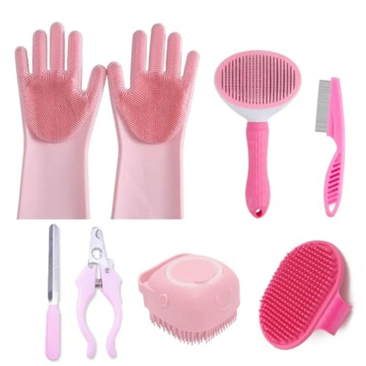 8PCS Dog Bath Supplies Set Dog Washing Gloves Shampoo Brush, Shedding Slicker Brush Complete Pet Grooming Kit for DogandCat and