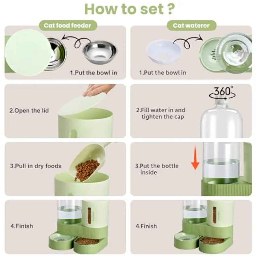 Automatic Cat Feeder Stainless Steel Water Dispenser Gravity Food Feeder and Waterer Set with Pet Food Bowl for Small Medium Ki