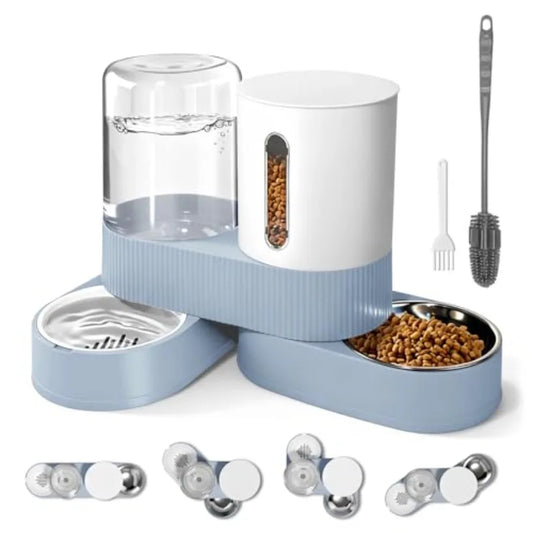 Automatic Gravity Cat Dog Feeder and Water Dispenser with 304 Stainless Steel Bowls 2 in 1 360 Degree Rotatable Auto 2.4L Dry F