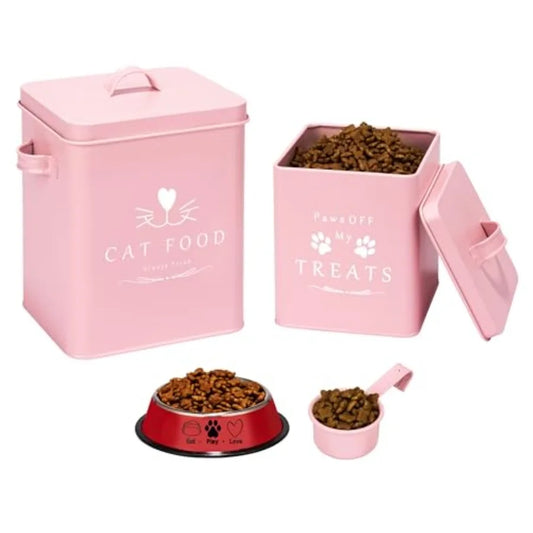 Farmhouse Cat Food and Treats Containers + Feed Scoop + Pet Food Bowl - Tight Lids - Large Metal Storage Bin - Great Gift for C