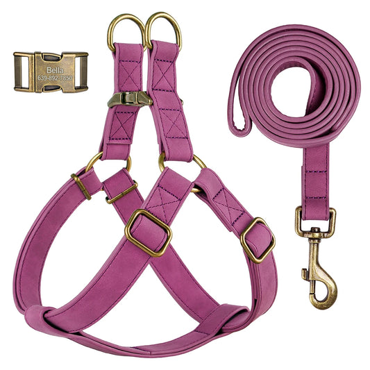 Custom PU Leather Harness And Leash Engraved Dog ID Buckle Harnesses Vest Pet Leading Rope Durable For Small Medium Dogs Bulldog