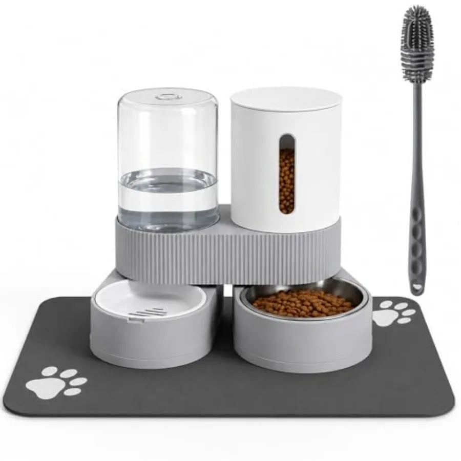 Gravity Cat Feeder 2 Pack Automatic Food Feeder and Water Dispenser Set Detachable Pet Bowl with Silicone Mat and Brush for Cat