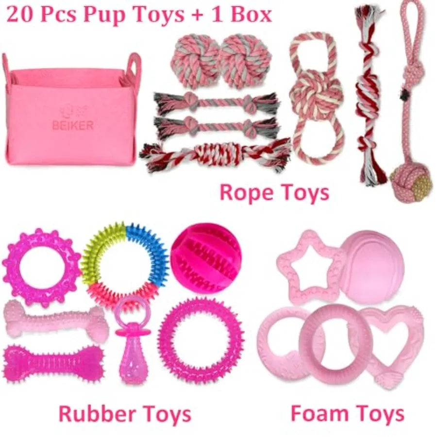 20 Pack Pink Puppy Chew Toys - Dog Teething Toys for Puppies Puppy Toys Toothbrush with Ropes Soft Dogs Toy Bundle for Small Do