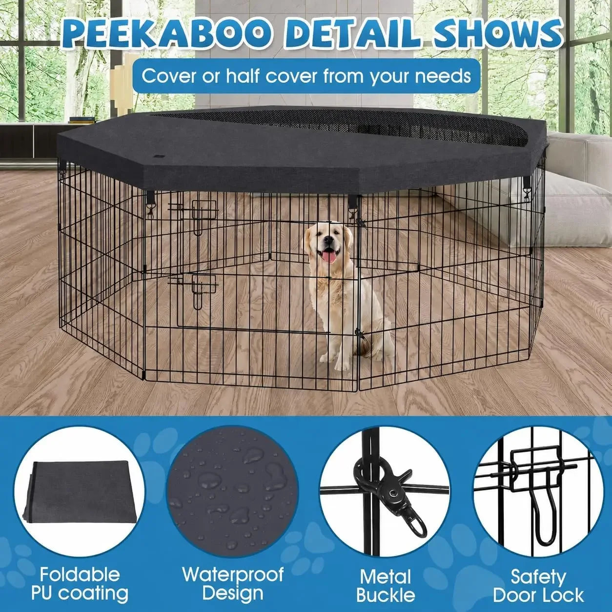 Foldable Dog Playpen 8 Panels 24" Indoor Outdoor Metal Wire Pet Enclosure with Bottom Pad & Top Cover