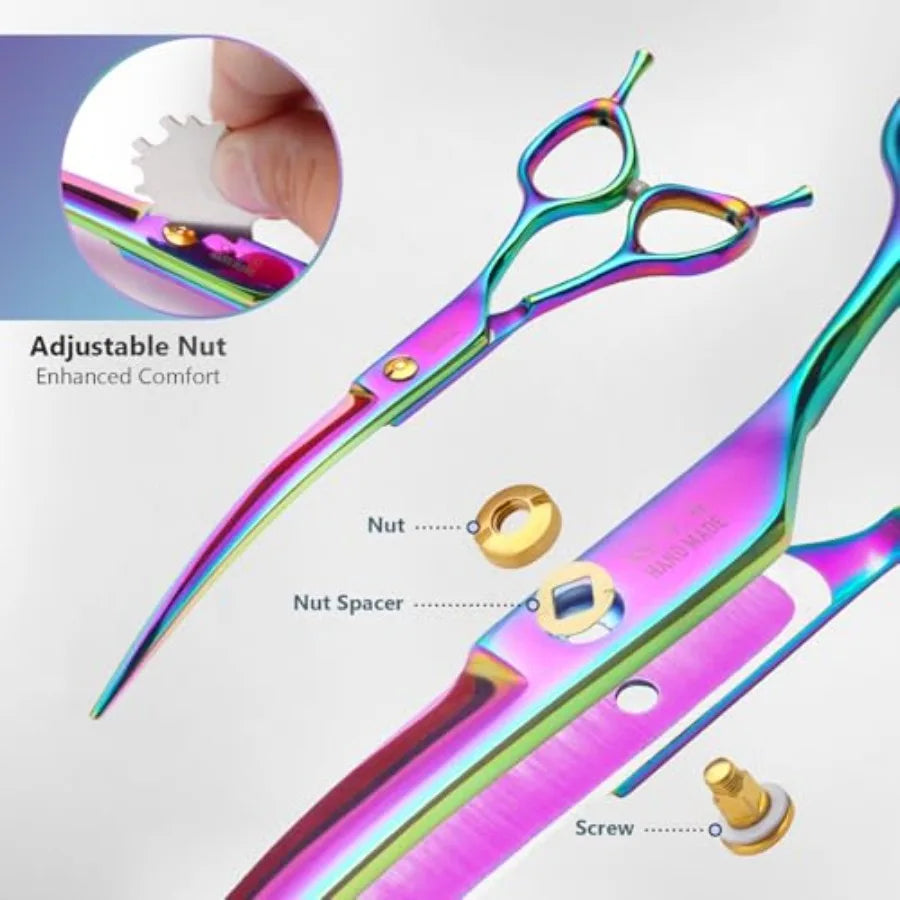 Dog Grooming Scissors Professional 4 in 1 Dog Shears Set Chunker Scissers Curved Scissors Thinning Shears and Comb for Cat Pet