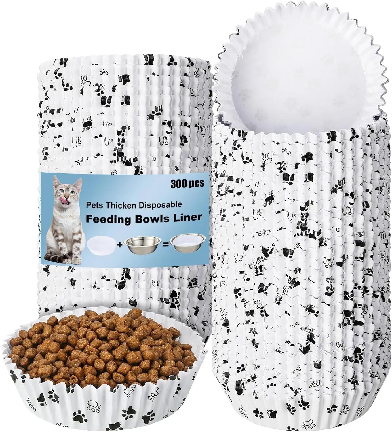 300 Pcs Pet Disposable Feeding Bowls Liner Bulk Cat Food Bowls Small Paper Liner for Small Dogs Cats Dish Wet Food Feeding Stati