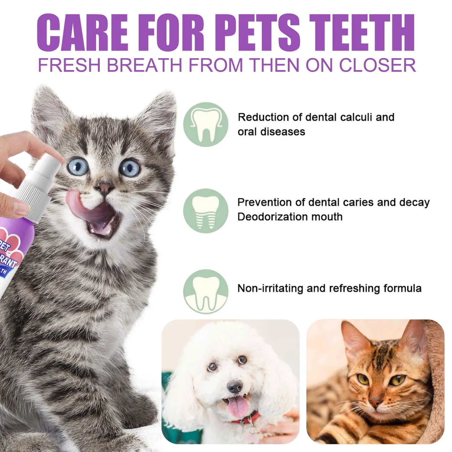 60ml Cat Dog Breath Cleaner Swallowable Pet Cat Oral Odor Removers Oral Health Care Pet Dog Mouth Cleaning Spray Pet Supplies