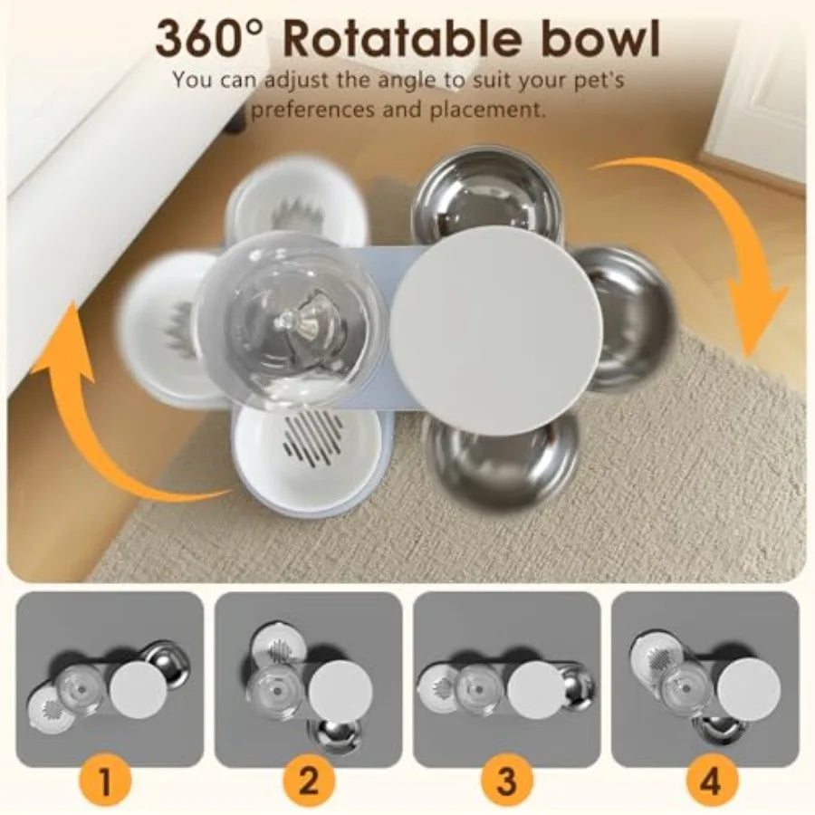 Automatic Gravity Cat Dog Feeder and Water Dispenser with 304 Stainless Steel Bowls 2 in 1 360 Degree Rotatable Auto 2.4L Dry F