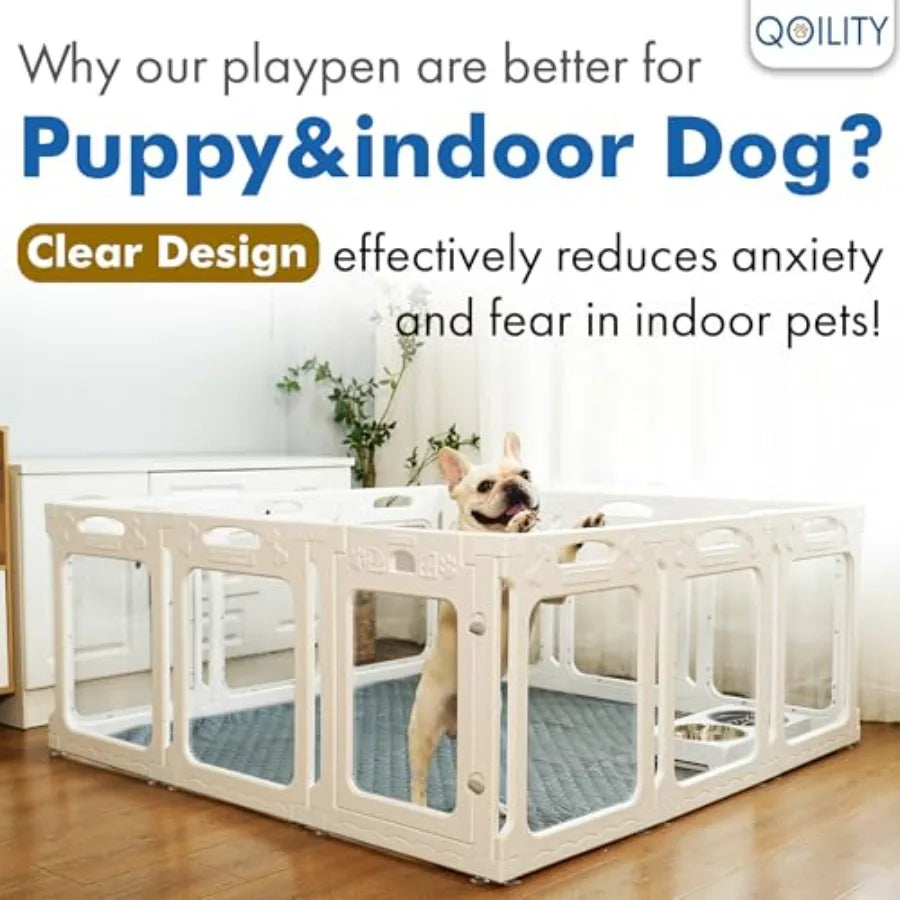 Clear Dog Playpen with Door - Height 30 Inch 12 Panels - Reduces Indoor Puppy/Small Dog Anxiety White