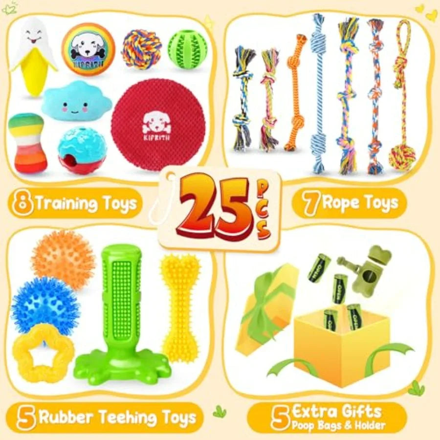 25 Pack Various Dog Toys Set Ideal for Teething, Entertainment and Interactive Play