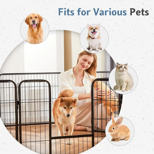 Indoor Metal 32 Inch 8 Panels Foldable Pet Fence with Door, Outdoor Small Medium Large Dog Portable Exercise Play Pen or RV Camp