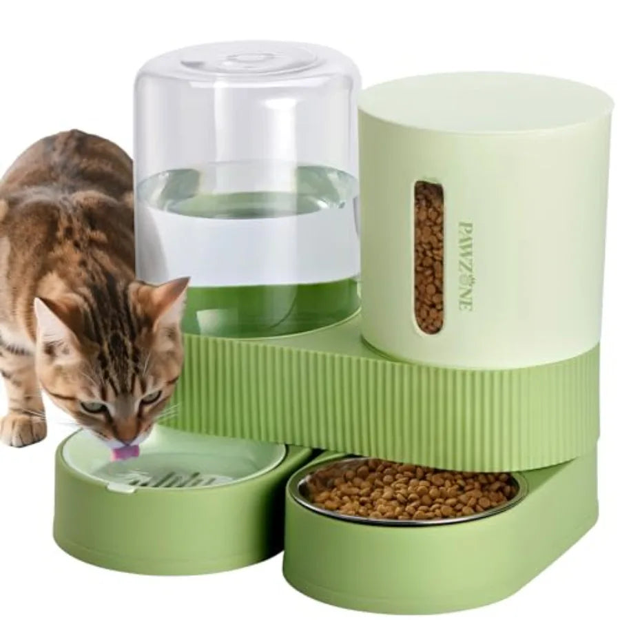 Automatic Cat Feeder Stainless Steel Water Dispenser Gravity Food Feeder and Waterer Set with Pet Food Bowl for Small Medium Ki