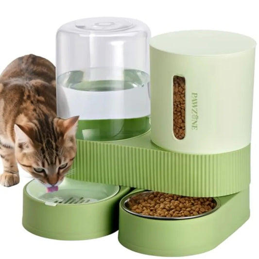 Automatic Cat Feeder Stainless Steel Water Dispenser Gravity Food Feeder and Waterer Set with Pet Food Bowl for Small Medium Ki