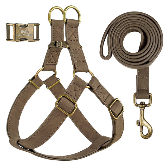 Custom PU Leather Harness And Leash Engraved Dog ID Buckle Harnesses Vest Pet Leading Rope Durable For Small Medium Dogs Bulldog