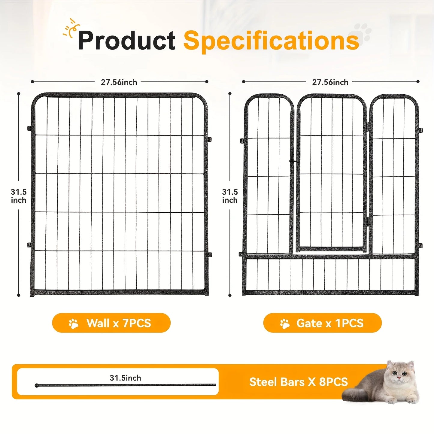 Heavy Duty Metal Dog Playpen, Pet Fence with Gate, for Large/Medium/Small Dogs