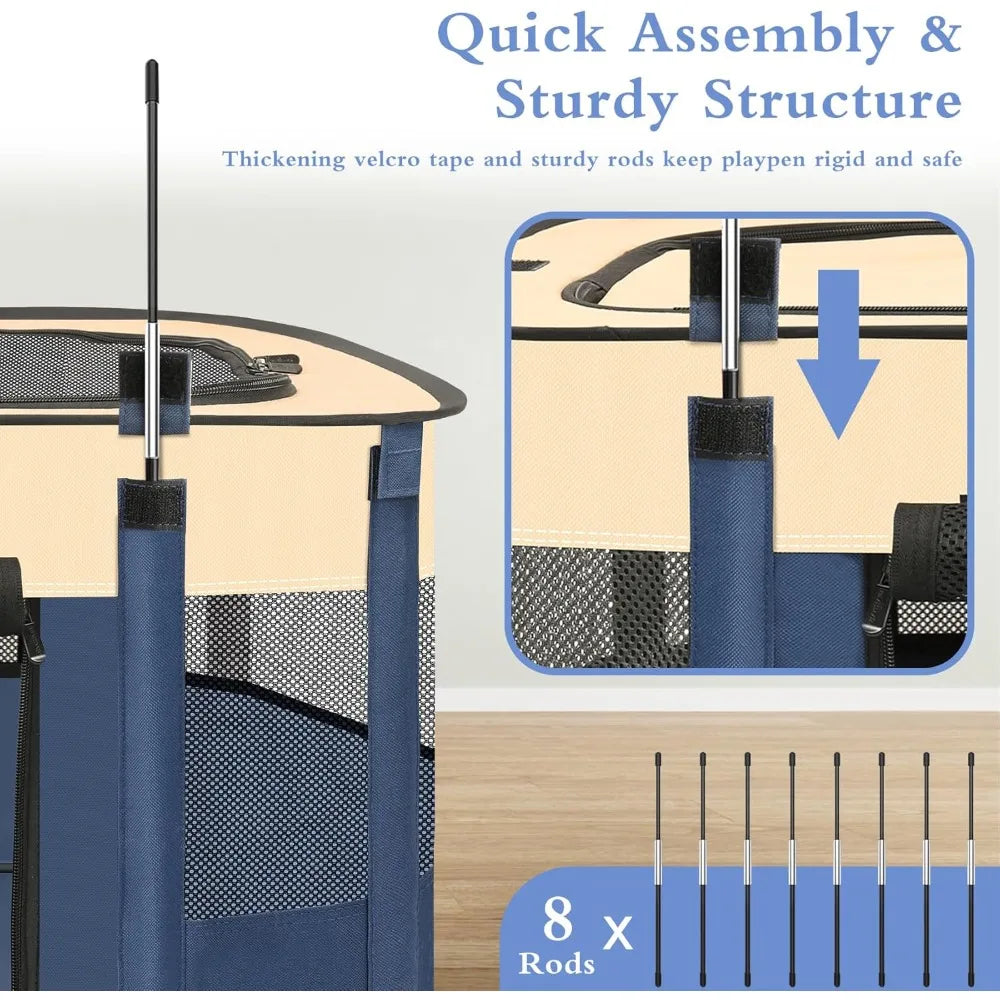 Foldable Dog Playpen Portable Pet Cage for Animals, Indoor / Outdoor Travel Camping Use with Carrying Case Blue