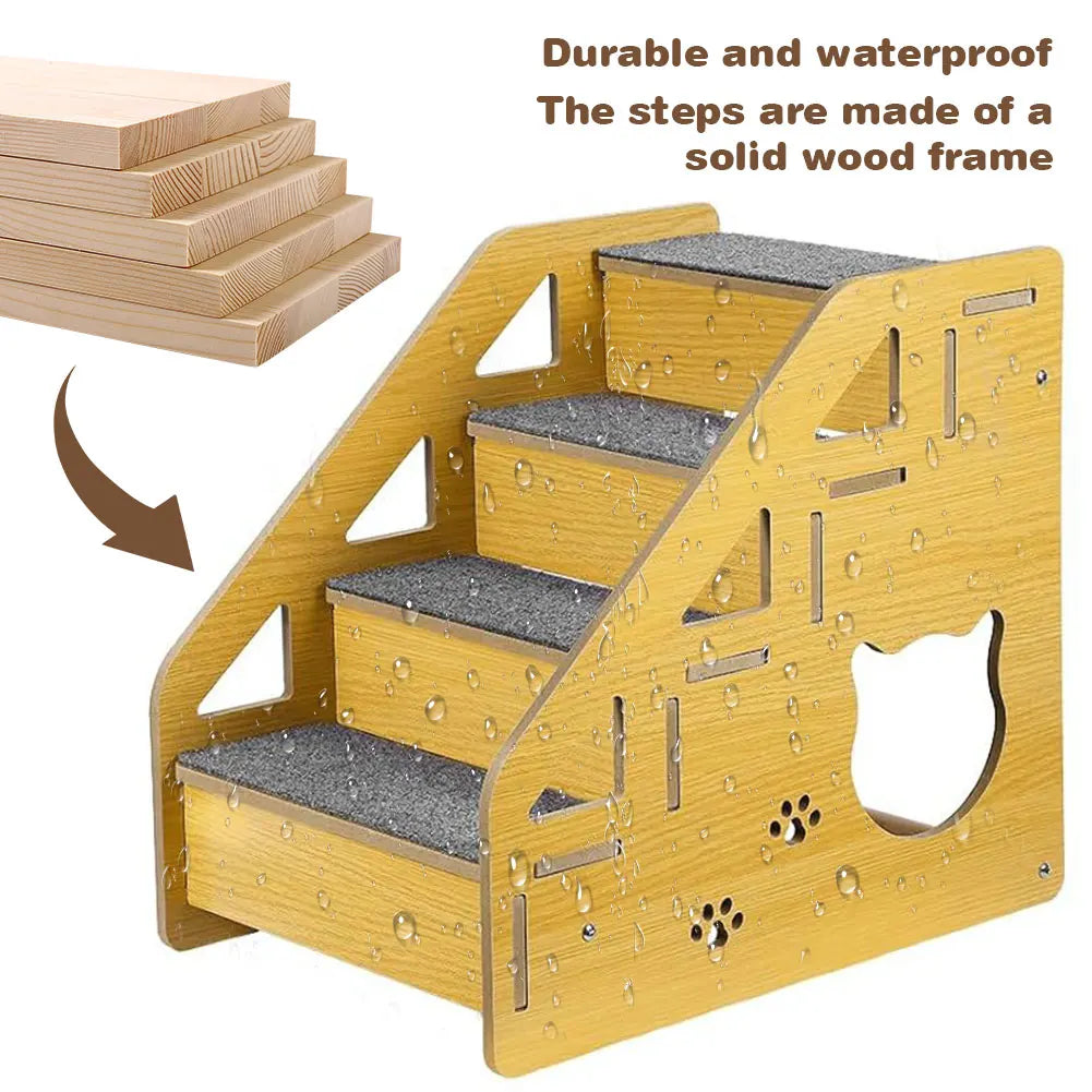 4-Step Wooden Pet Stairs Nonslip Carpeted Cat and Dog Steps Sofa Ladder Pet Furniture for Dogs and Cats for Bed