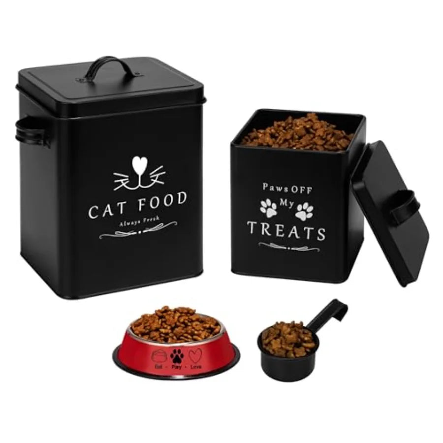 Farmhouse Cat Food and Treats Containers + Feed Scoop + Pet Food Bowl - Tight Lids - Large Metal Storage Bin - Great Gift for C