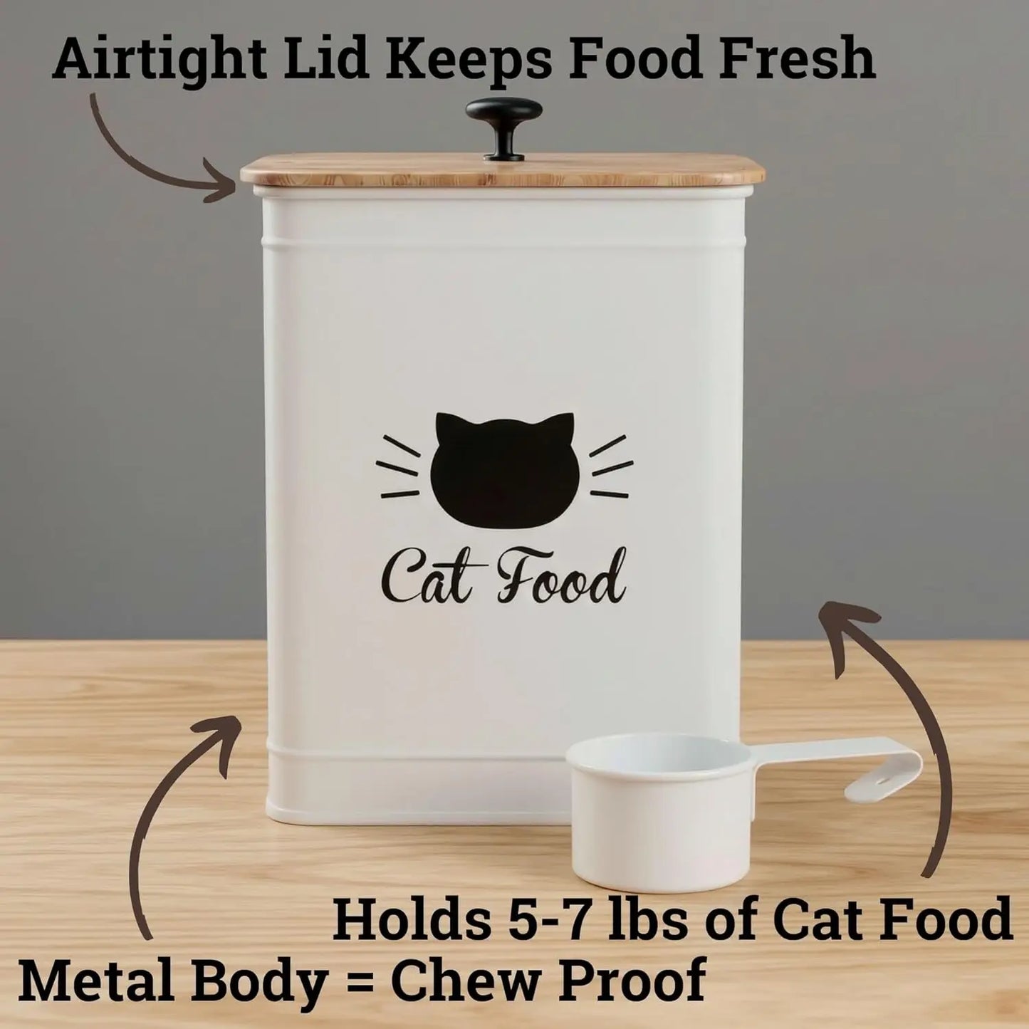 Cat Food Storage Container with Scoop - 5-7 lb (25 Cup) Capacity Metal Cat Food Container with Airtight Bamboo Lid and Metal Sco