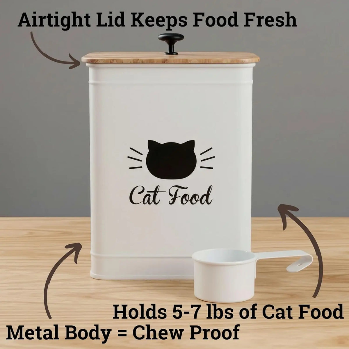 Cat Food Storage Container with Scoop - 5-7 lb (25 Cup) Capacity Metal Cat Food Container with Airtight Bamboo Lid and Metal Sco