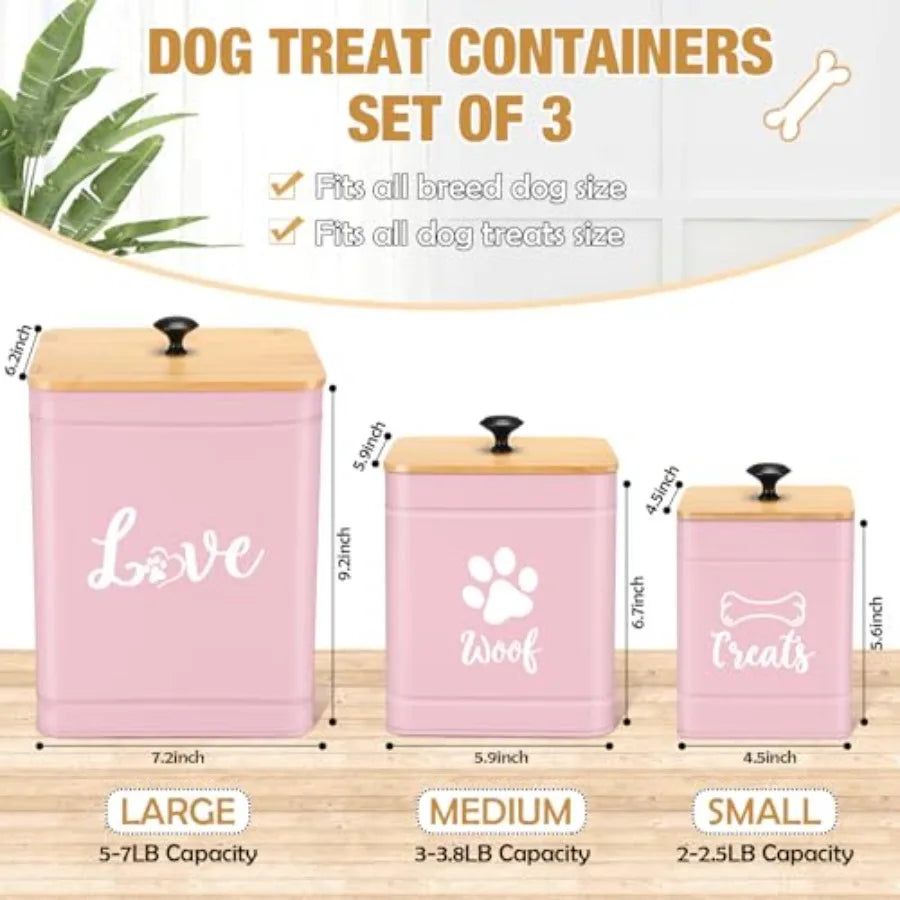Metal Dog/Cat Treat Containers Set of 3 with Bamboo Lids