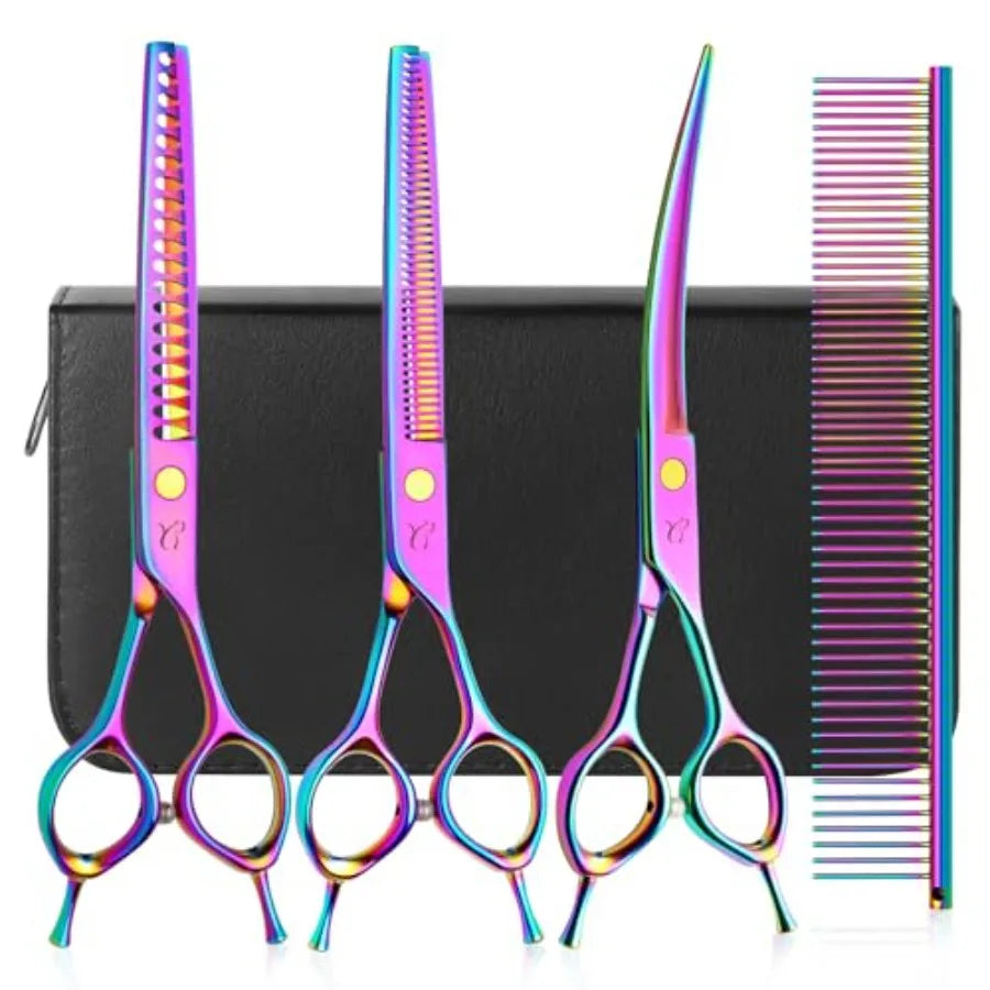 Dog Grooming Scissors Professional 4 in 1 Dog Shears Set Chunker Scissers Curved Scissors Thinning Shears and Comb for Cat Pet