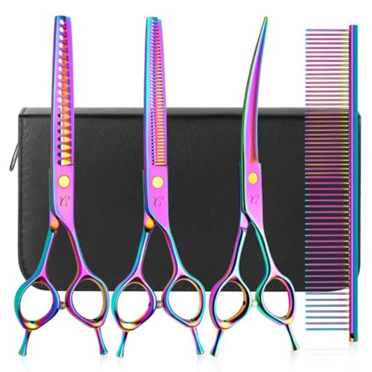 Dog Grooming Scissors Professional 4 in 1 Dog Shears Set Chunker Scissers Curved Scissors Thinning Shears and Comb for Cat Pet