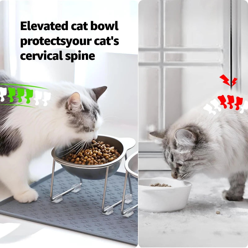 ‌304 Stainless Steel Raised Cat Bowl with 15° Elevated Design Tilted Neck Guard