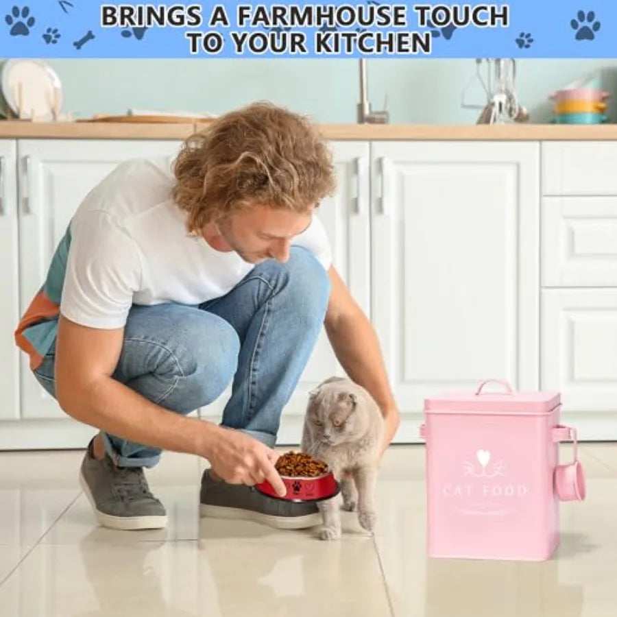 Farmhouse Cat Food and Treats Containers + Feed Scoop + Pet Food Bowl - Tight Lids - Large Metal Storage Bin - Great Gift for C